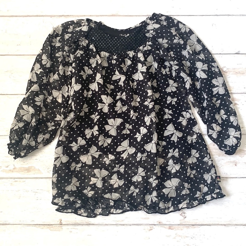 Girls Size 5 Black Bell Sleeves Dress Long Sleeves Bow Print Kids 5T Top